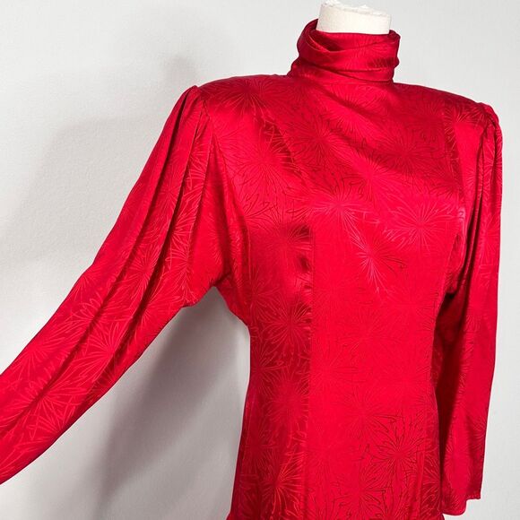 Vtg 80s David Josef 100% Silk Midi Dress Red Jacquard Neiman Marcus M Holidays - Picture 11 of 16